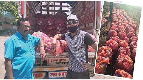 औरंगाबाद : शहरात कांदा विक्रीसाठी आलेले सुधाकर पवार (टोपी घातलेले) आपल्या मित्रासह.