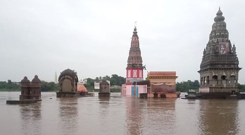 Chandrabhaga river floods in Pandharpur, stone bridge go under water