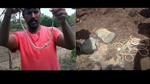 farmer finds pots filled with gold, silver ornaments while tilling his land in telangana