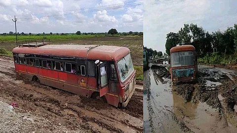 ST bus stuck in mud at Parbhani