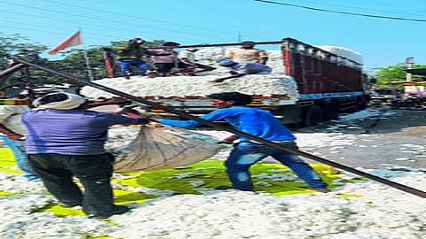 खेडा पद्धतीने सुरु असलेली कापूस खरेदीसाठी घराच्या दारातील काटा..jpg