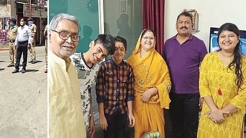 जालना ः बंदोबस्त करताना स्थानिक गुन्हे शाखेचे पोलिस निरीक्षक राजेंद्रसिंह गौर. (दुसऱ्या छायाचित्रात) आपल्या कुटुंबासह श्री. गौर.