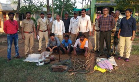 मोहाडी : वनविभागाने अटक केलेल्या आरोपींसह जप्त केलेले चितळाचे सिंग व साहित्य.