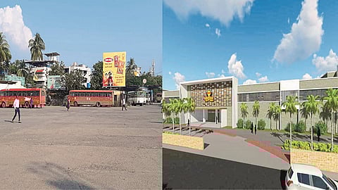 अलिबागमध्ये असलेले एसटी स्थानक. तर दुसर्!या छायाचित्रात नियोजित एसटी स्थानकाचे चित्र.