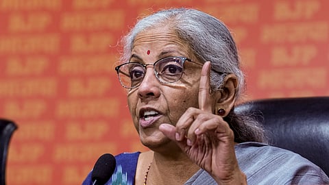 Nirmala Sitharaman at a press conference in Delhi
