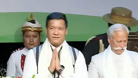 Arunachal Pradesh Chief Minister Pema Khandu after taking oath, at the DK State Convention Centre in Itanagar