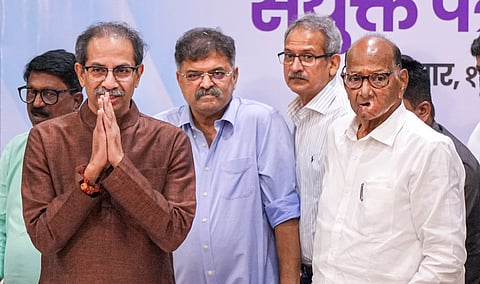 NCP chief Sharad Pawar and Shiv Sena (UBT) chief Uddhav Thackeray during a joint press conference, in Mumbai