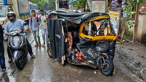 One of the two autorickshaws which were hit by an Audi car at Mulund in Thane. The Audi driver fled the scene after the accident in which four passengers were injured.