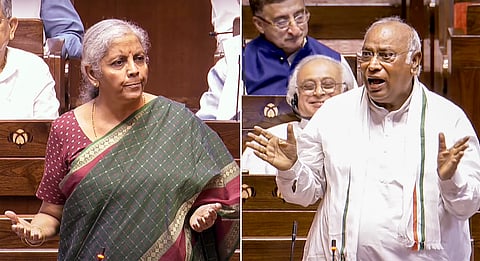 Union Finance Minister Nirmala Sitharaman and LoP in Rajya Sabha Mallikarjun Kharge speak in the House during the Monsoon session of Parliament
