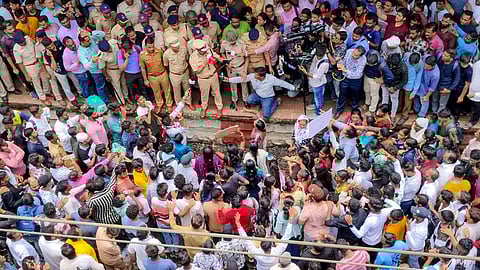 Protest against the alleged sexual abuse of two girls at a school, at Badlapur railway station