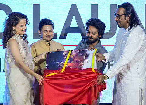 Kangana Ranaut with lyricist Manoj Muntashir and musicians G V Prakash Kumar and Arko Pravo Mukherjee during music launch of the film 'Emergency',