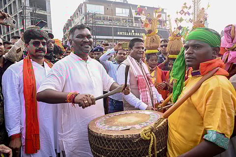 Jharkhand BJP candidate from Chandankiyari constituency, Amar Kumar Bouri during a rally before filing nomination paper for Jharkhand Assembly elections, in Bokaro district