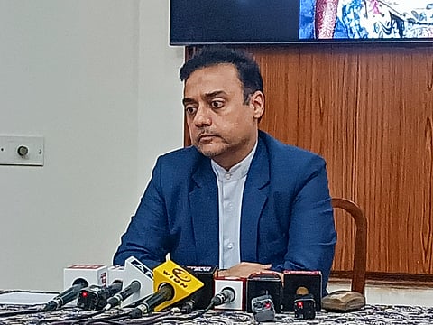 Iran's deputy chief of mission to India Mohammad Javad Hosseini addresses a press conference, in New Delhi