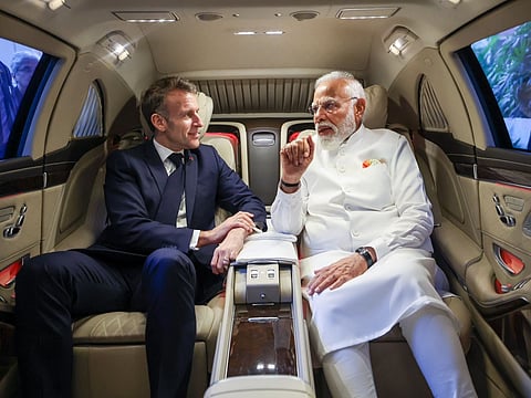 PM Modi shares ride with President Macron en route to India-France Innovation Forum after meeting