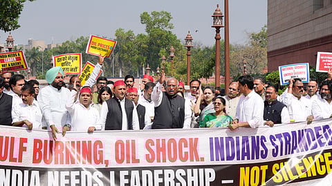 West Asia conflict: Oppn MPs stage protest in Parliament complex demanding full-fledged debate