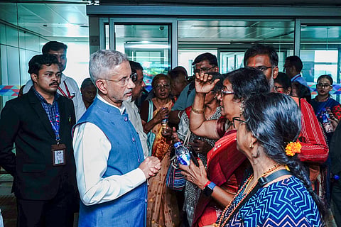 External Affairs Minister S Jaishankar greets a group comprising 21 tourists from Tamil Nadu who were rescued from the floods that occurred in Nepal | PTI