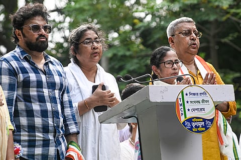 TMC supremo Mamata Banerjee along with party MPs Kalyan Banerjee, Babul Supriyo and Dola Sen during the foundation day of the TMCP, in Kolkata, on Friday | File image/PTI