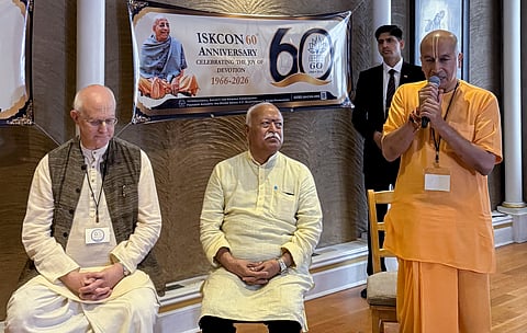 Rashtriya Swayamsevak Sangh (RSS) Sarsanghchalak Mohan Bhagwat, second left, attends a program during his visit to the ISKCON Temple on its 60th anniversary, in New York, United States | PTI