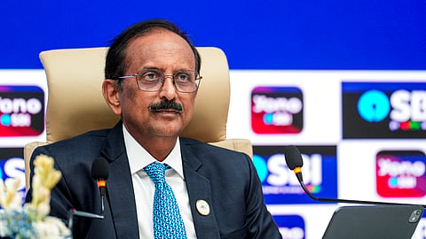 State Bank of India Chairman CS Setty addresses a press conference to announce the bank's first-quarter financial results for FY27