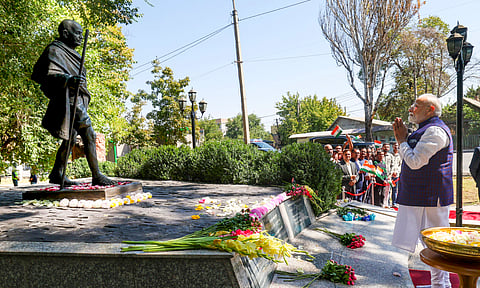 Prime Minister Narendra Modi pays tribute at Mahatma Gandhi Memorial, in Bishkek, Kyrgyzstan | PTI
