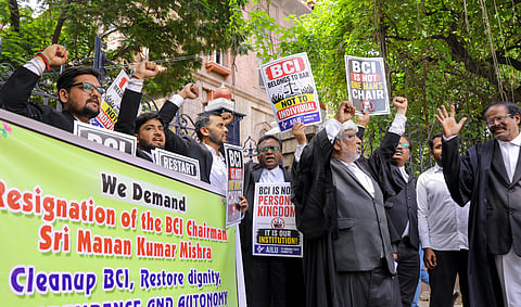 Members of the All India Lawyers Union Telangana State Committee raise slogans during a protest demanding the resignation of Manan Kumar Mishra, in Hyderabad | File image/PTI