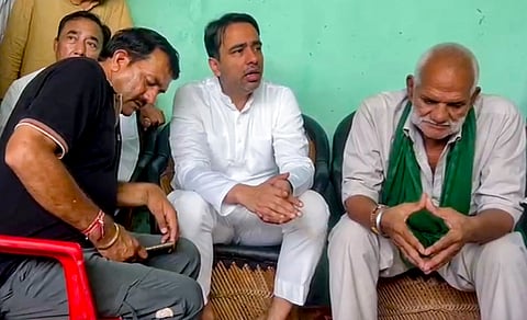 Union MoS Jayant Chaudhary meets family members of slain Haryanvi singer Ankit Balyan, after two suspected sharpshooters were killed in a police encounter, in Uttar Pradesh's Shamli | File image/PTI