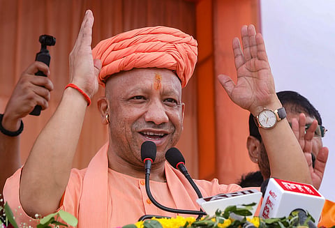Uttar Pradesh CM Yogi Adityanath addresses gathering during the Janmashtami festival celebrations at the Shri Krishna Janmasthan temple, in Mathura | File image/PTI