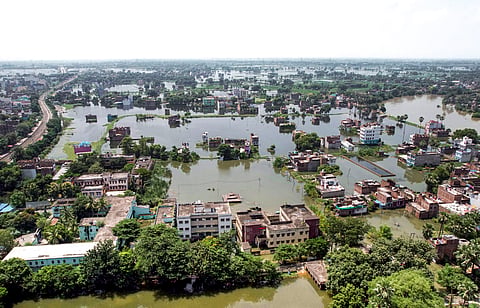An aerial view shows the partially submerged Punpun area following a rise in the water level of the Punpun River, in Patna, Bihar, on Tuesday | PTI