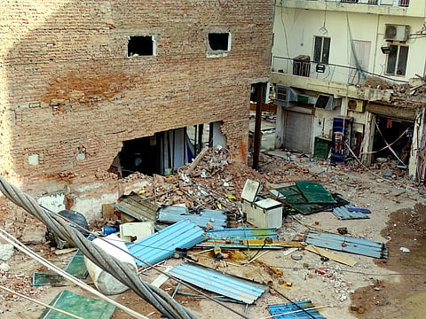 Debris litters the site during the ongoing demolition and clearing operations following a multi-storey building collapse tragedy at Satya Niketan, in New Delhi, on Wednesday | PTI