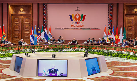 Prime Minister Narendra Modi with Russian President Vladimir Putin, Chinese President Xi Jinping, and others, during the 18th BRICS Summit, at the Bharat Mandapam, in New Delhi, on Saturday | PTI