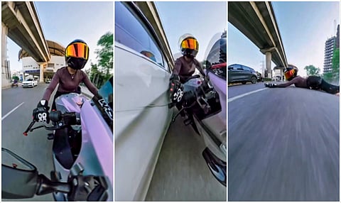 A combo image shows a sports bike ridden by a woman, after a speeding car allegedly hit her, knocking her off the bike and dragging it for several metres, on Golf Course Road, in Gurugram | PTI