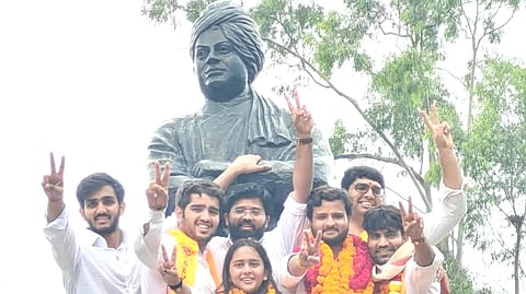 ABVP won three of the four DUSU central posts, with Yash Dabas becoming president while Independent candidate Deepanshu Shokeen secured the VP seat | X