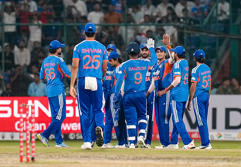 India's players celebrate the wicket of Afghanistan's Sediqullah Atal during the third and final T20I cricket match between India and Afghanistan, in New Delhi | Representational image/PTI