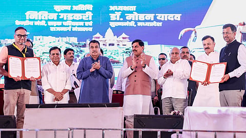 Union Minister Nitin Gadkari and Madhya Pradesh Chief Minister Mohan Yadav during the launch of Mukhyamantri Sugam Parivahan Seva and PM e-bus Seva, in Bhopal | PTI