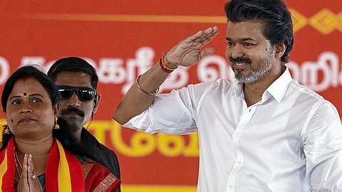 Tamil Nadu CM and Tamilaga Vettri Kazhagam president C Joseph Vijay and party candidate K Maragatham Kumaravel, left, during an election campaign, in Chengalpattu district | File image/PTI