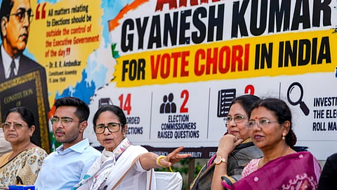 TMC supremo Mamata Banerjee along with party national general secretary Abhishek Banerjee and others during a press conference, in New Delhi, on Thursday | PTI
