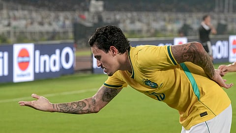Brazil's Pedro celebrates after scoring the team's second goal during an International friendly Football match between India and Brazil, in Kolkata, on Saturday | PTI