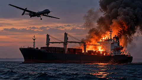Three Indians were among the crew of a cargo ship hit by a Russian drone strike, with one sailor injured and receiving treatment in Romania | Representational image/AI generated