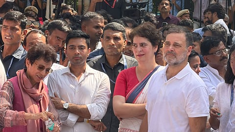 Abhishek Banerjee along with Rahul Gandhi and Priyanka Gandhi Vadra at the INDIA bloc protest, in New Delhi, on Tuesday | X