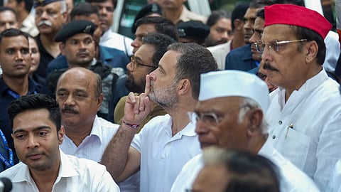 INDIA bloc leaders continued their agitation at Rajghat, pressing for Chief Election Commissioner Gyanesh Kumar's resignation over the SIR exercise