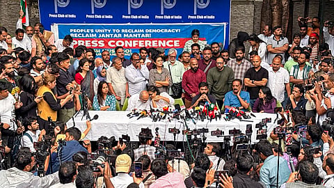 CJP founder Abhijeet Dipke addresses a press conference alongside advocate Prashant Bhushan, actor Prakash Raj, AISA President Neha Bora, and others, in New Delhi, on Thursday | PTI