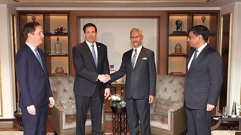 S Jaishankar shakes hands with Marco Rubio in the presence of Foreign Secretary Vikram Misri, right, and US Ambassador to India Sergio Gor, during a bilateral meeting, in Mumbai | PTI