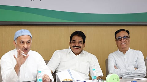 Congress General Secretary (Organisation) KC Venugopal, centre, AICC Treasurer Ajay Maken, right, and AICC In-charge Qazi Nizamuddin during a meeting with senior Delhi Congress leaders | PTI