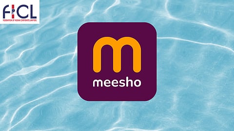 Meesho logo on a blue water background with FICL branding.