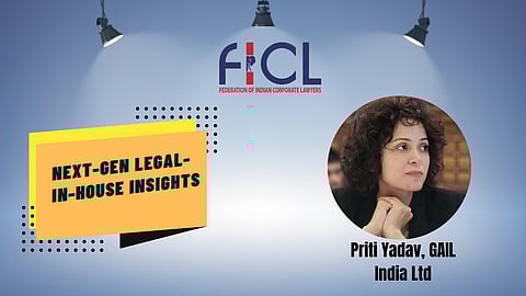Federation of Indian Corporate Lawyers event poster featuring Priti Yadav for "Next-Gen Legal In-House Insights
