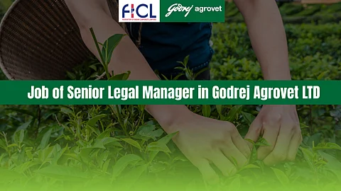 Hands picking crops with job info overlay for legal manager at Godrej Agrovet