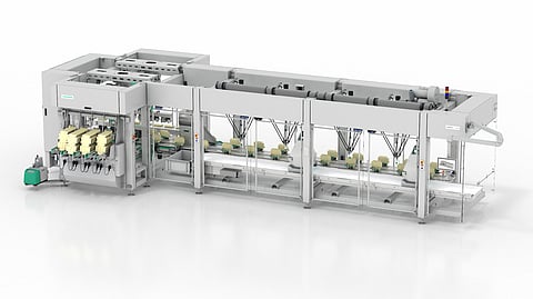 The robotic solution’s camera-based vision control system detects products on the infeed belt. The delta robots then pick single or multiple products arriving in random order and place them in cartons or other containers.