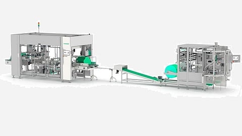 An integrated system consisting of a vertical SVE 3220 DZ form, fill and seal machine and an Elematic 2001 WAH case packer produces stand-up pouches made of paper