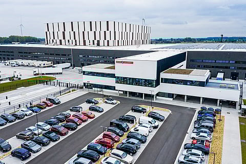 Aerial depth view of admin building - warehouse and high bay of 'The Barry Callebaut Chocolate Box'