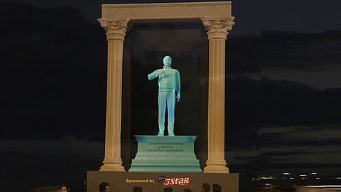 12 feet holographic statue of the well-known umpire, CK Nandan at the Marine Drive